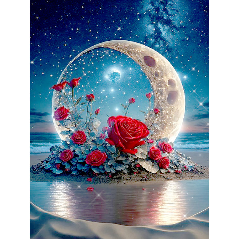 Diamond Painting - Full Round - Red rose under the moon (30*40CM)