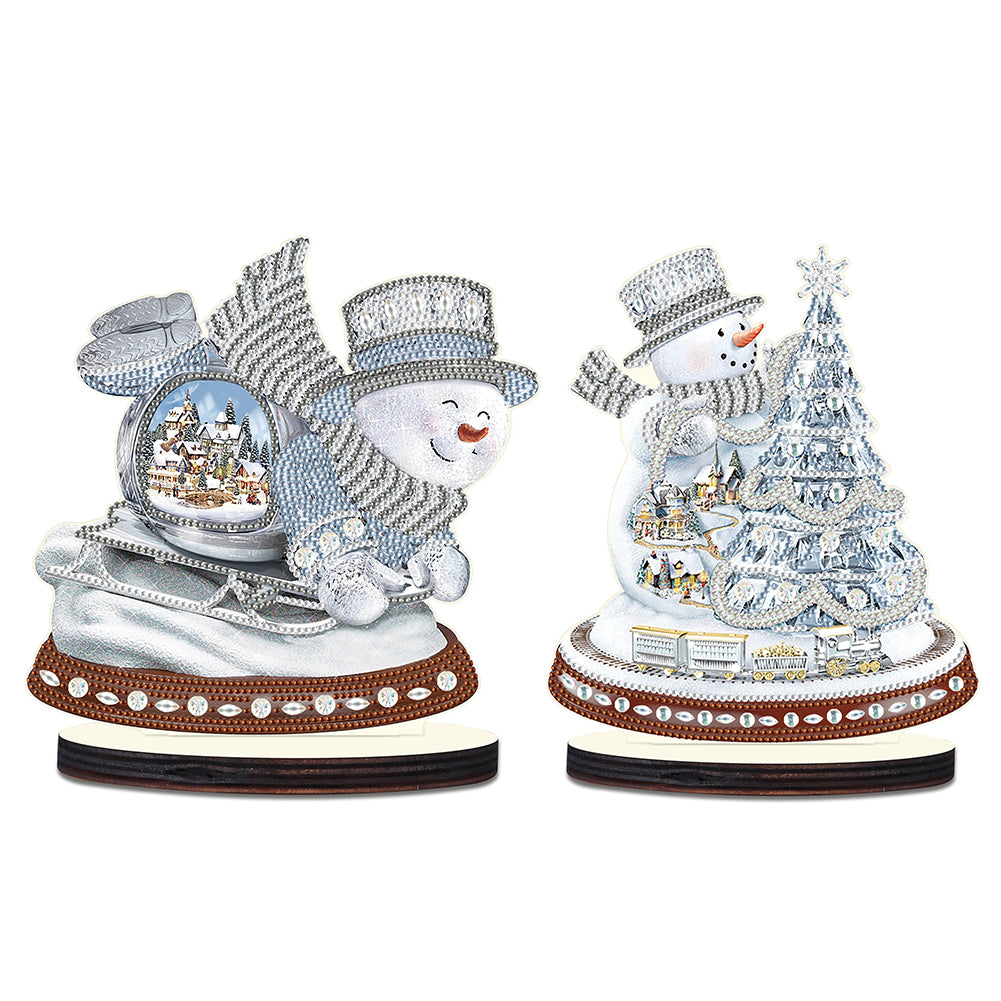 2PCS Wooden Xmas Snowman Desktop Diamond Painting Ornament (#3)