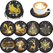 Load image into Gallery viewer, 8PCS Diamond Painting Art Coaster Kit with Holder (Black Gold Xmas Elements)
