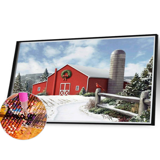 Diamond Painting - Full Round - Red House with Snow Scenery (40*30CM)