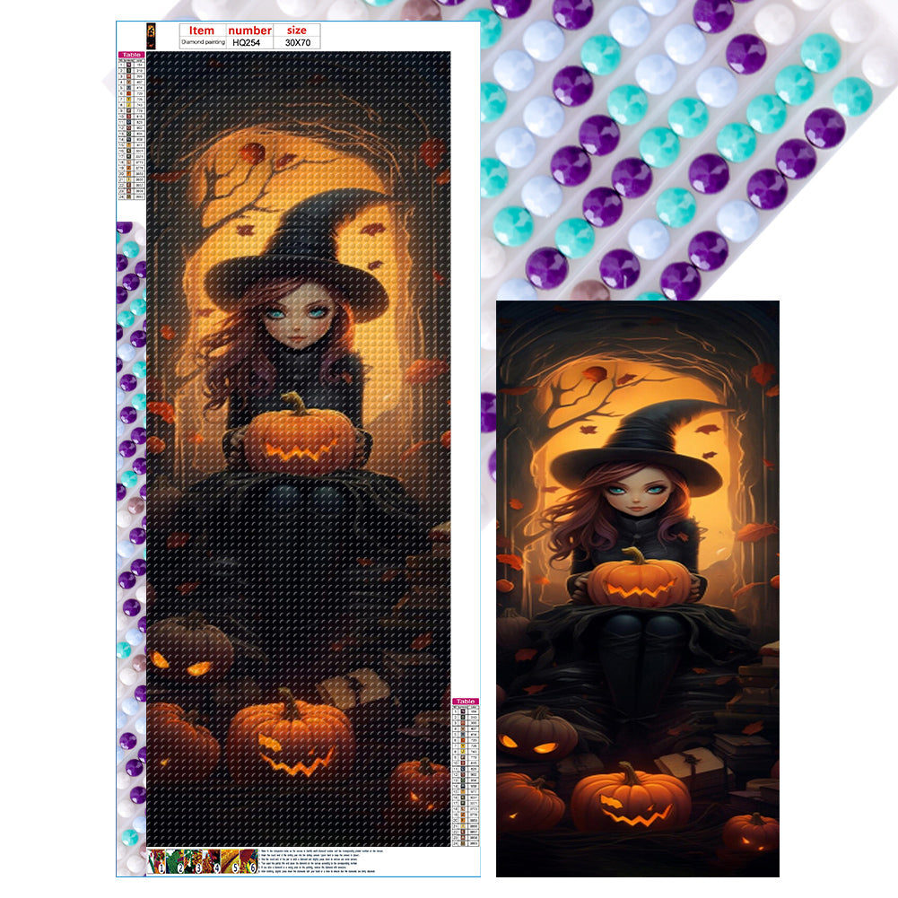 Diamond Painting - Full Round - Halloween little witch holding pumpkin (30*70CM)