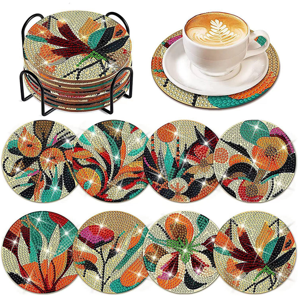 8PCS Special Shape Diamond Painting DIY Coaster with Holder (Floral Plane)