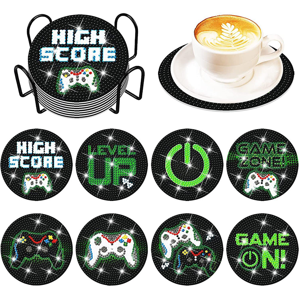 8PCS Special Shape Diamond Painting DIY Coaster with Holder (Games)
