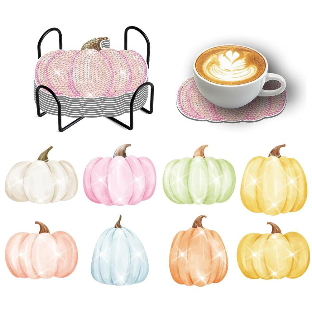 8PCS Special Shape Diamond Painting DIY Coaster with Holder (Pumpkins)