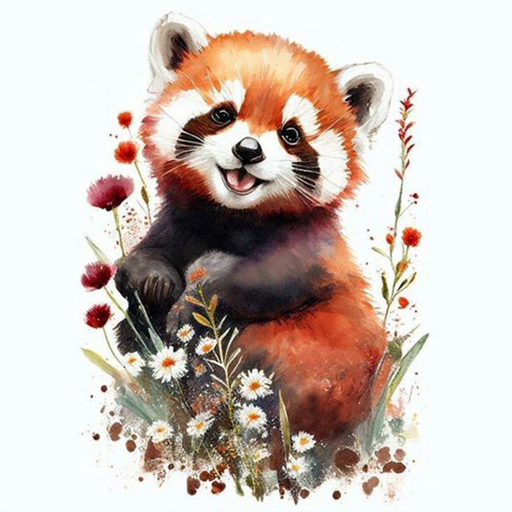 Diamond Painting - Full Round - Red panda and flowers (30*30CM)