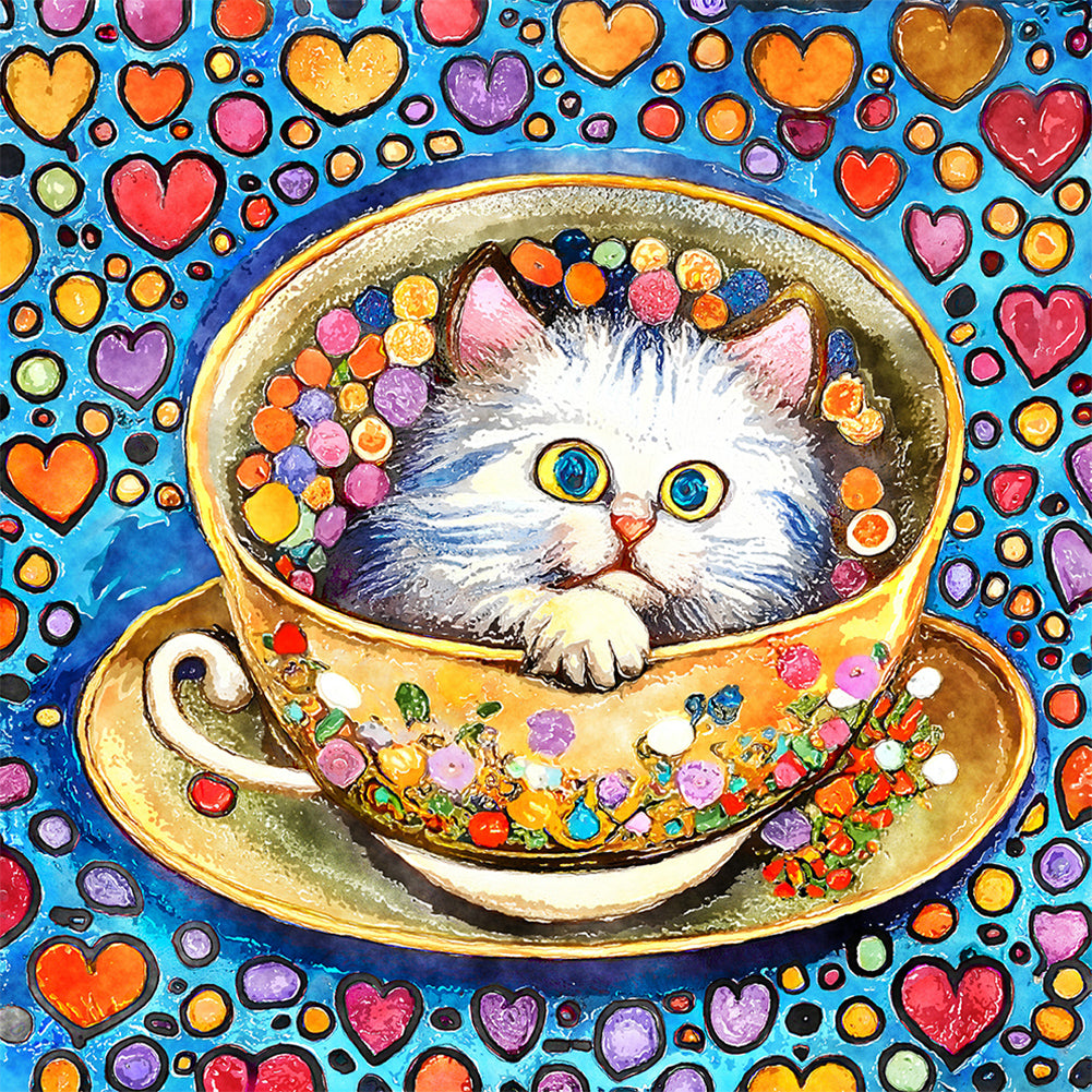 Diamond Painting - Full Round - cat in tea cup (30*30CM)