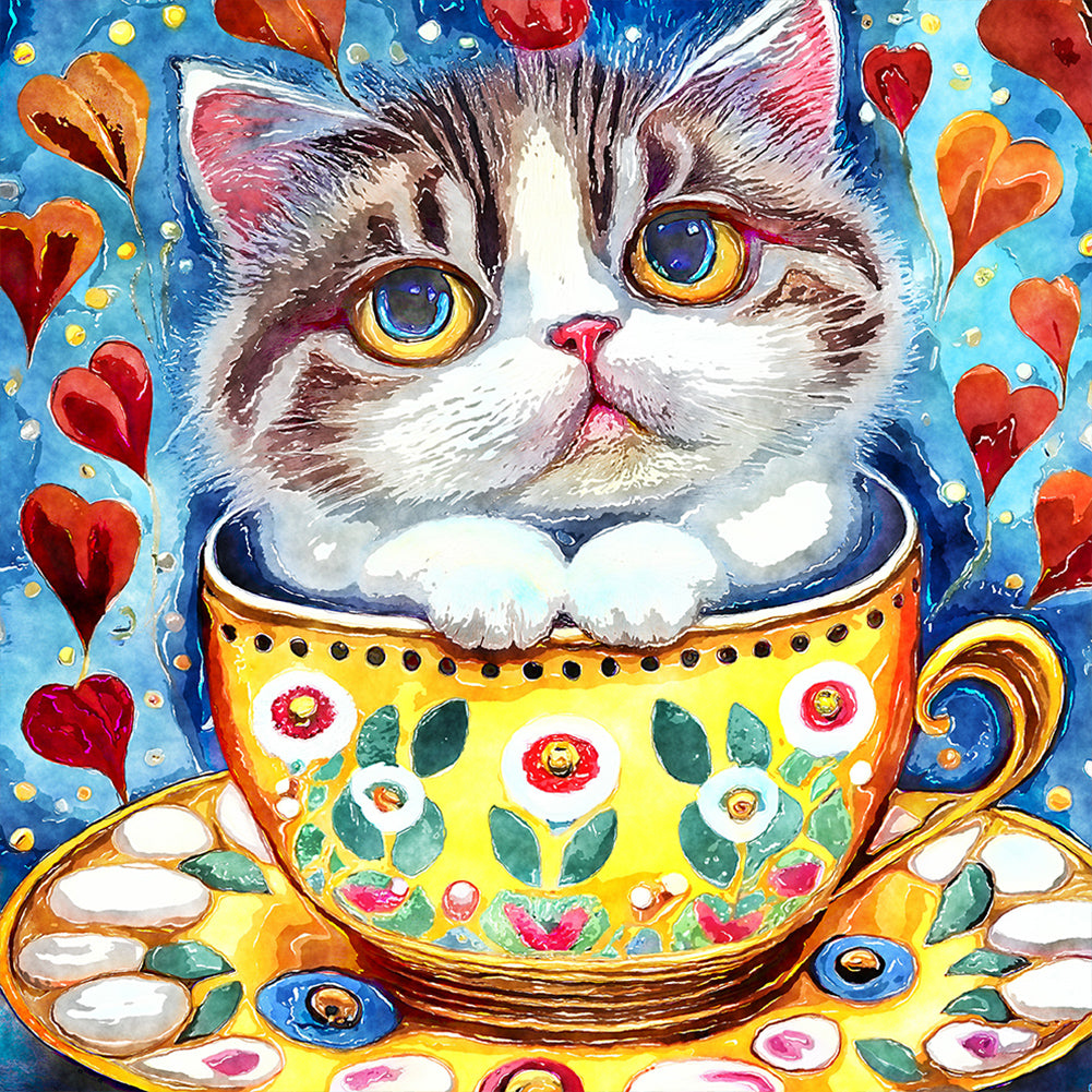 Diamond Painting - Full Round - cat in tea cup (30*30CM)