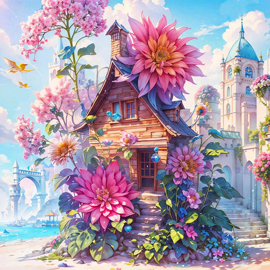 Diamond Painting - Full Round - Serenity Flower and Cabin (40*40CM)