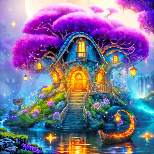 Diamond Painting - Full Round - Tranquil Purple Tree House (40*40CM)