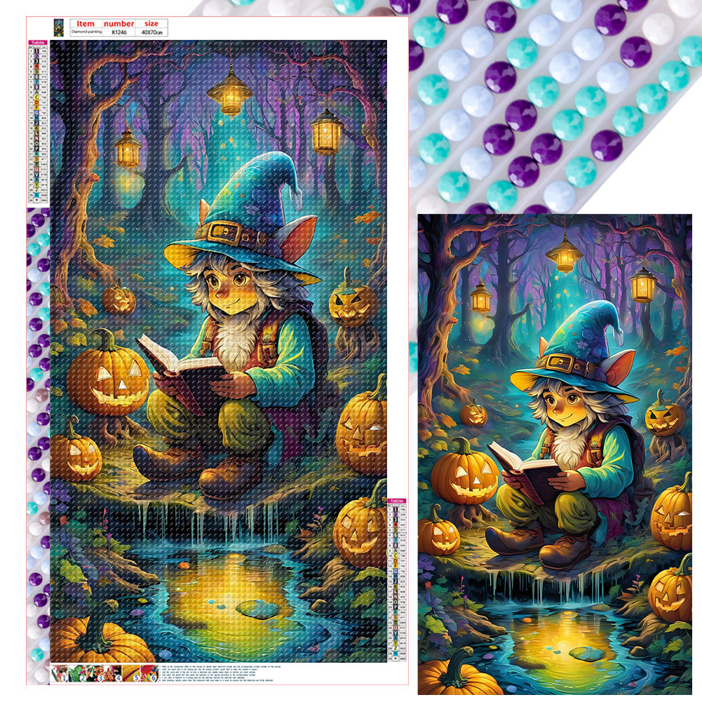 Diamond Painting - Full Round - Pumpkin lantern and grandpa in the forest (40*70CM)