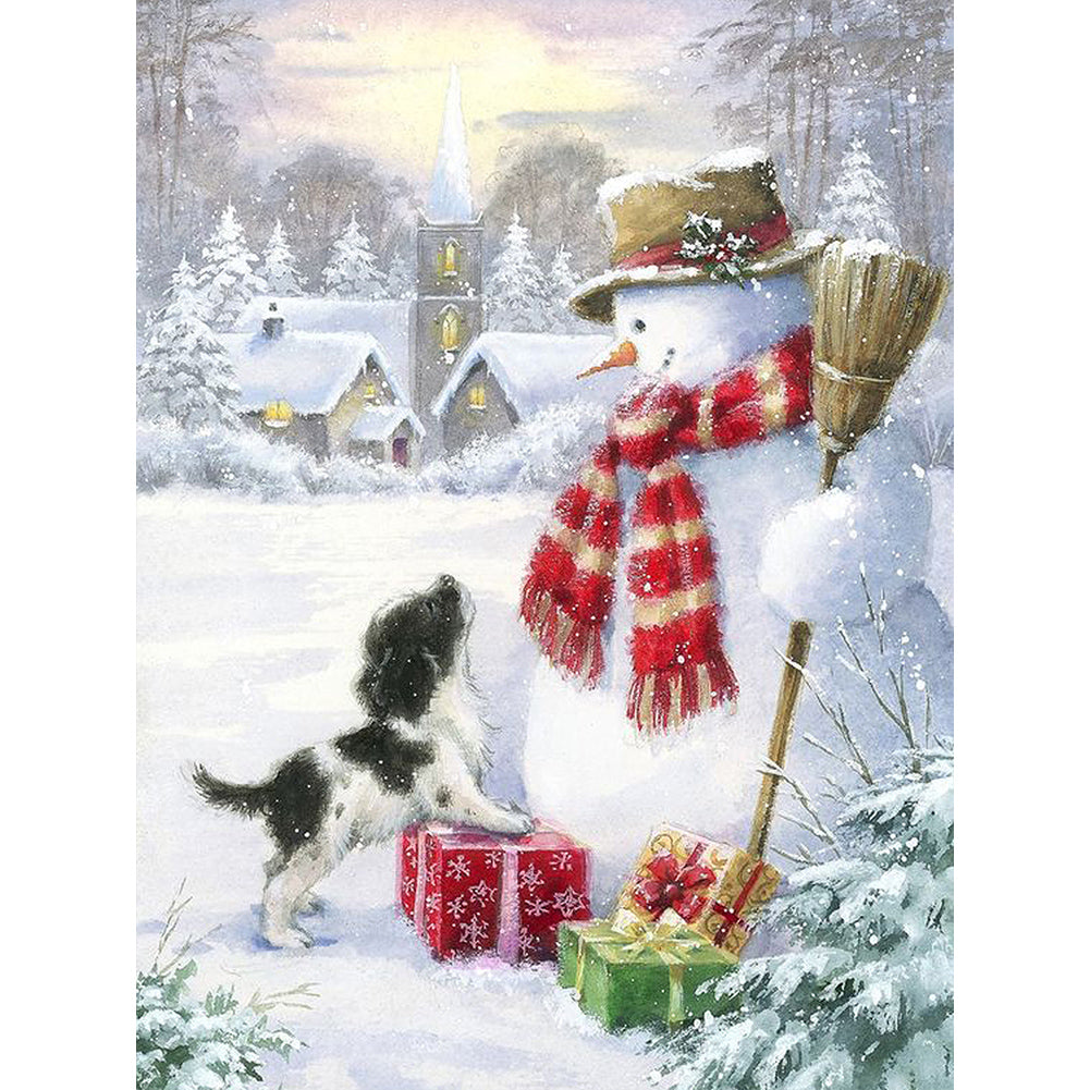 Diamond Painting - Full Round - Puppy and snowman (30*40CM)