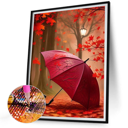 Diamond Painting - Full Round - Red umbrella in the woods (30*40CM)
