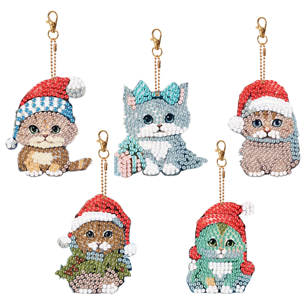 5PCS Double Sided Special Shape Diamond Art Keyring Little Bear in Red Cardinals