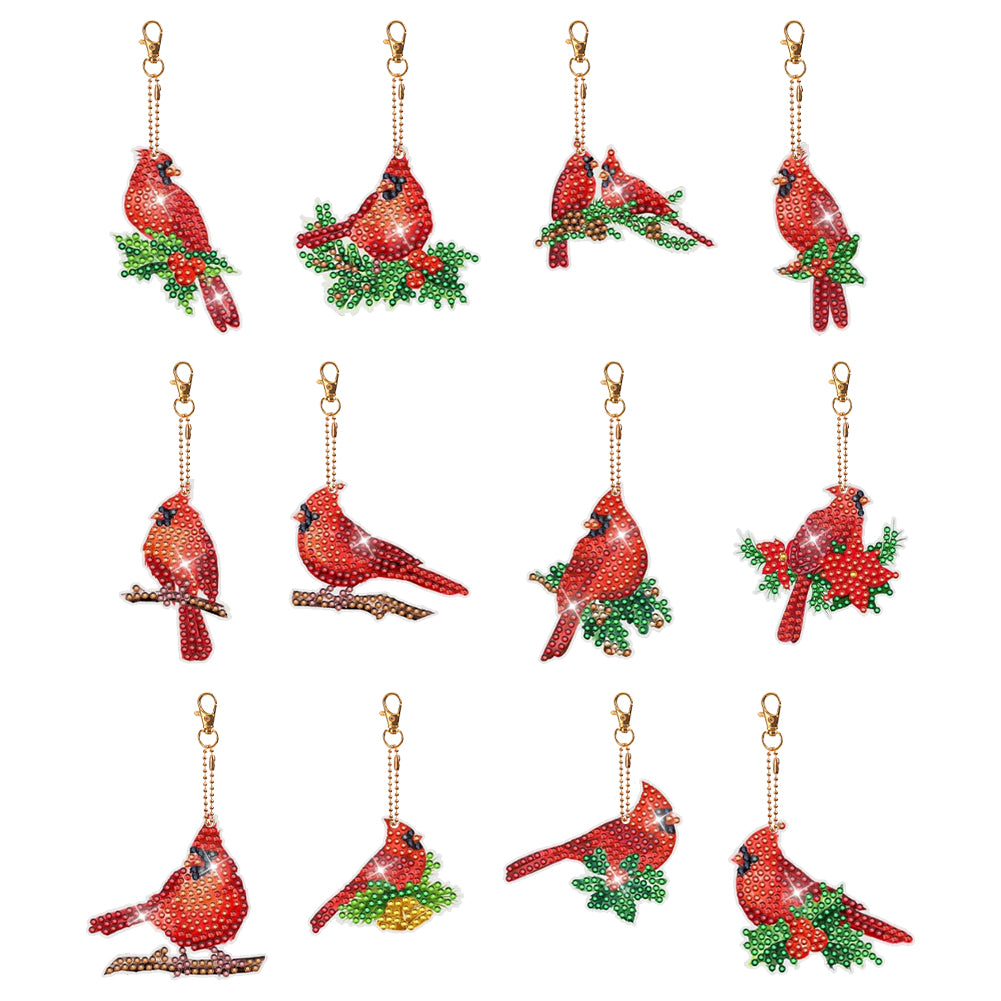 5PCS Double Sided Special Shape Diamond Art Keyring Little Bear in Red Cardinals