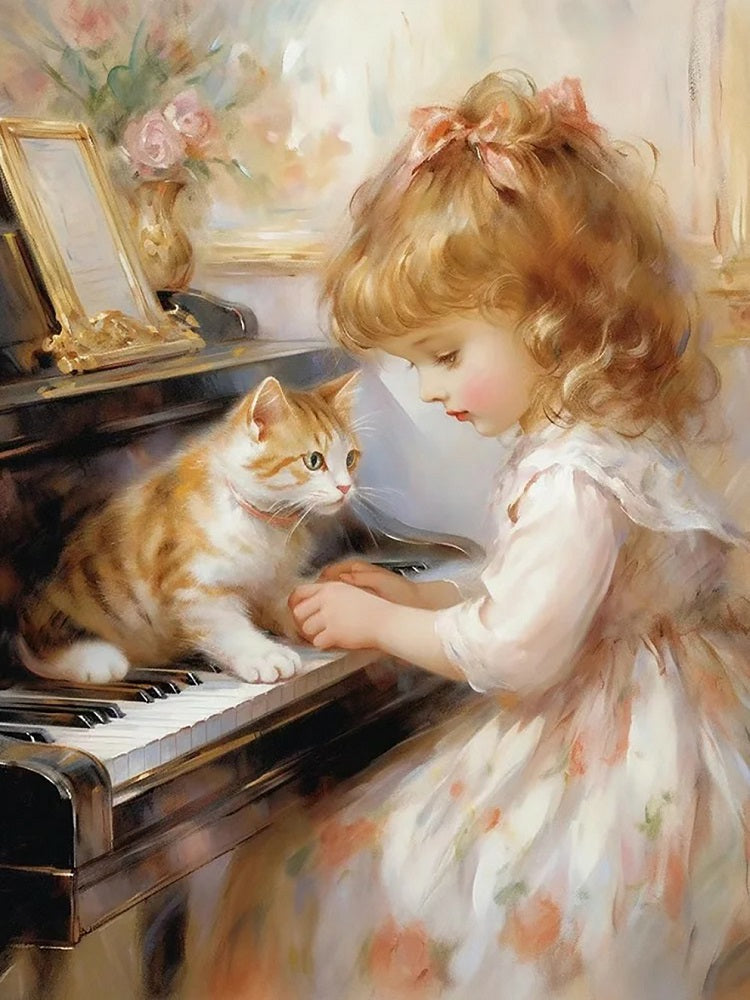 Diamond Painting - Full Round - piano cat girl (40*50CM)