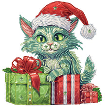 Load image into Gallery viewer, Diamond Painting - Partial Special Shaped - Christmas green kitten (30*30CM)
