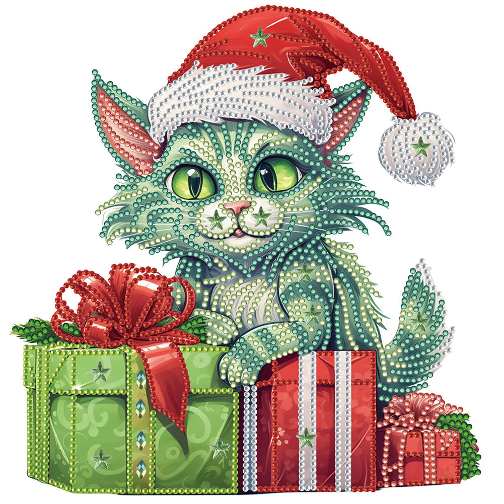 Diamond Painting - Partial Special Shaped - Christmas green kitten (30*30CM)