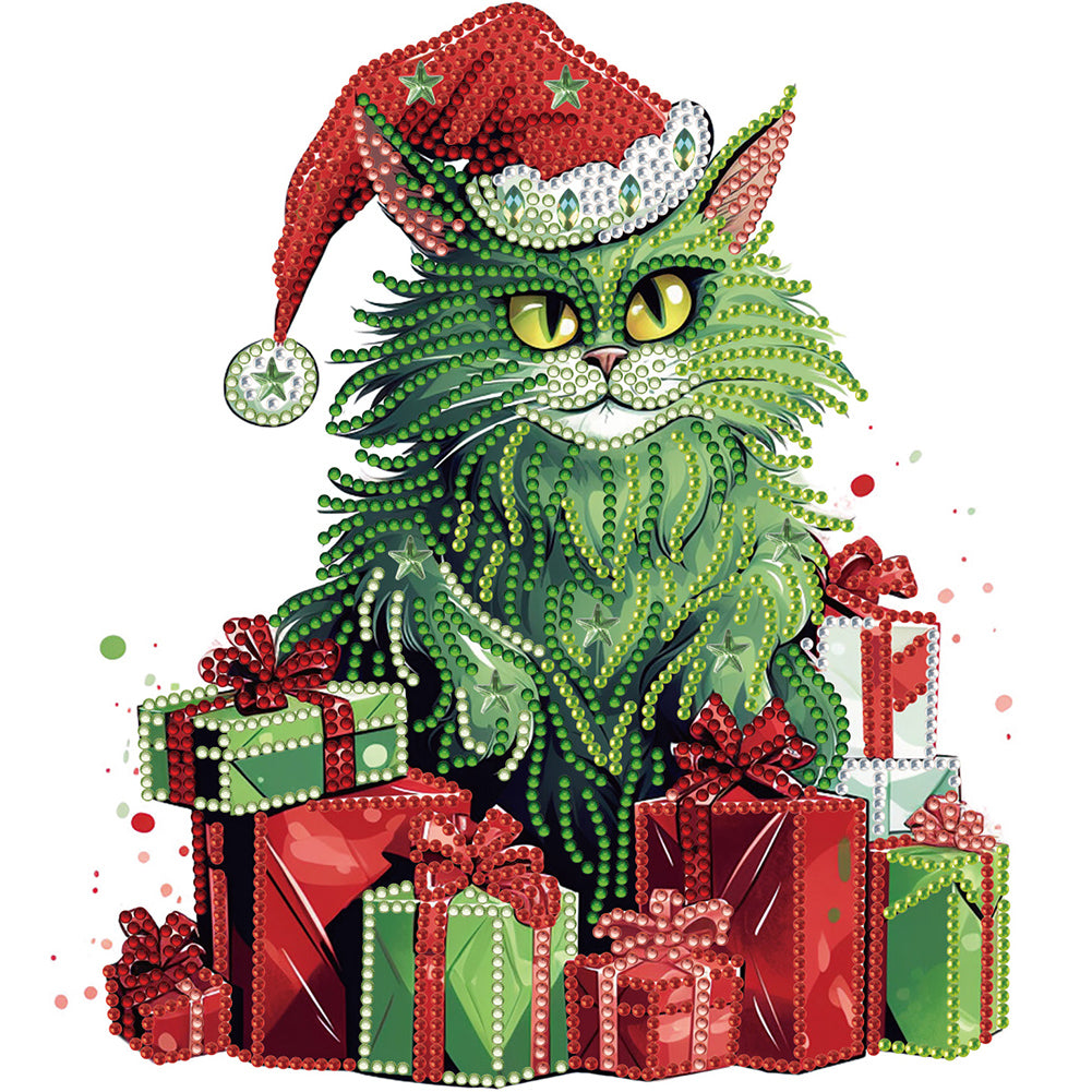 Diamond Painting - Partial Special Shaped - Christmas green kitten (30*30CM)