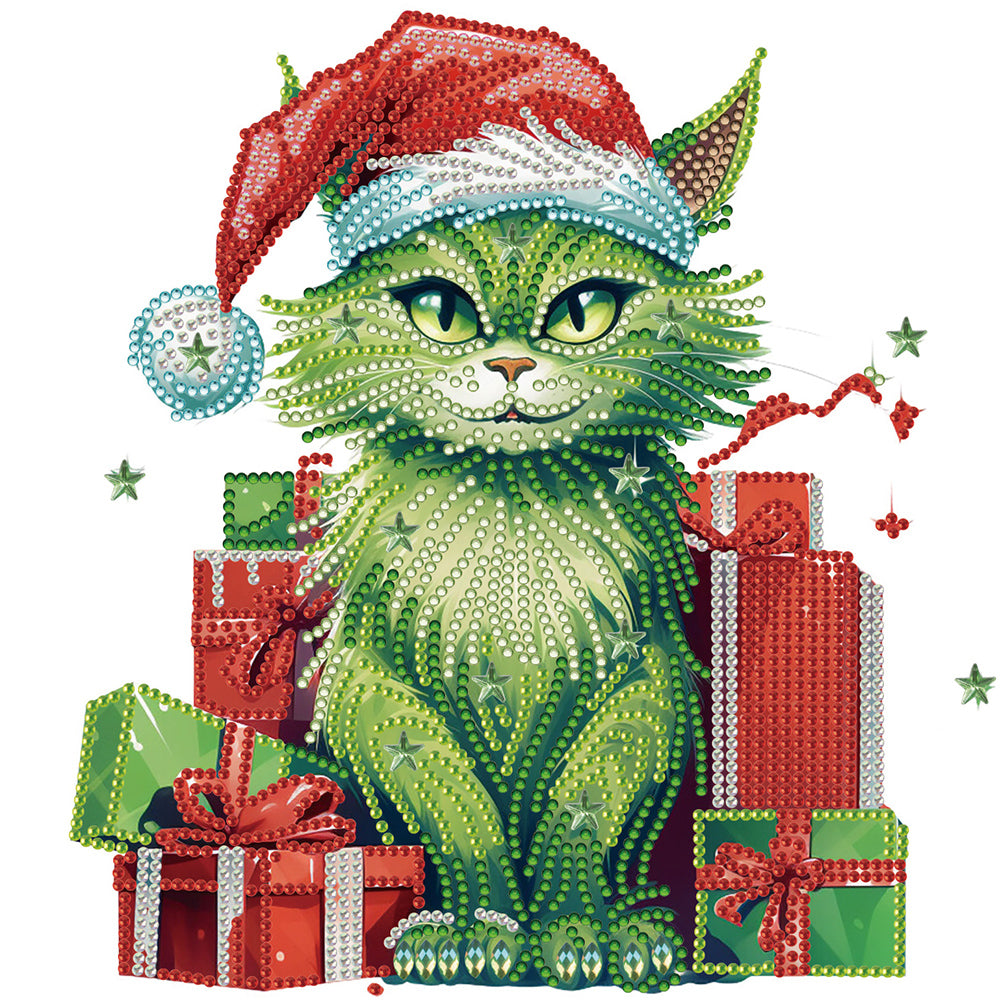 Diamond Painting - Partial Special Shaped - Christmas green kitten (30*30CM)