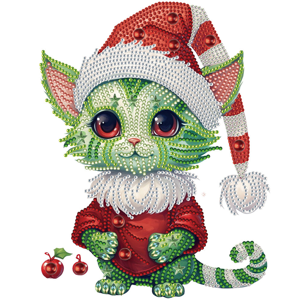 Diamond Painting - Partial Special Shaped - Christmas green kitten (30*30CM)