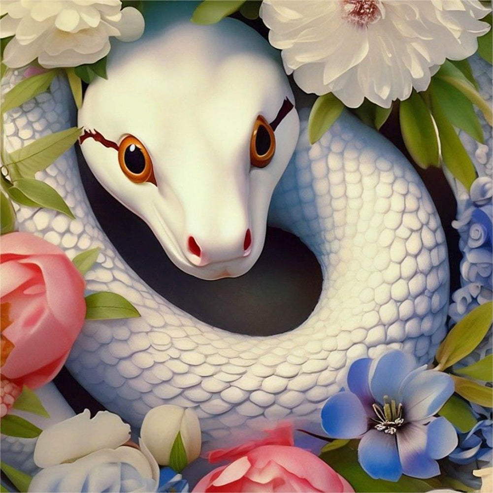 Diamond Painting - Full Round - white snake and flower (30*30CM)