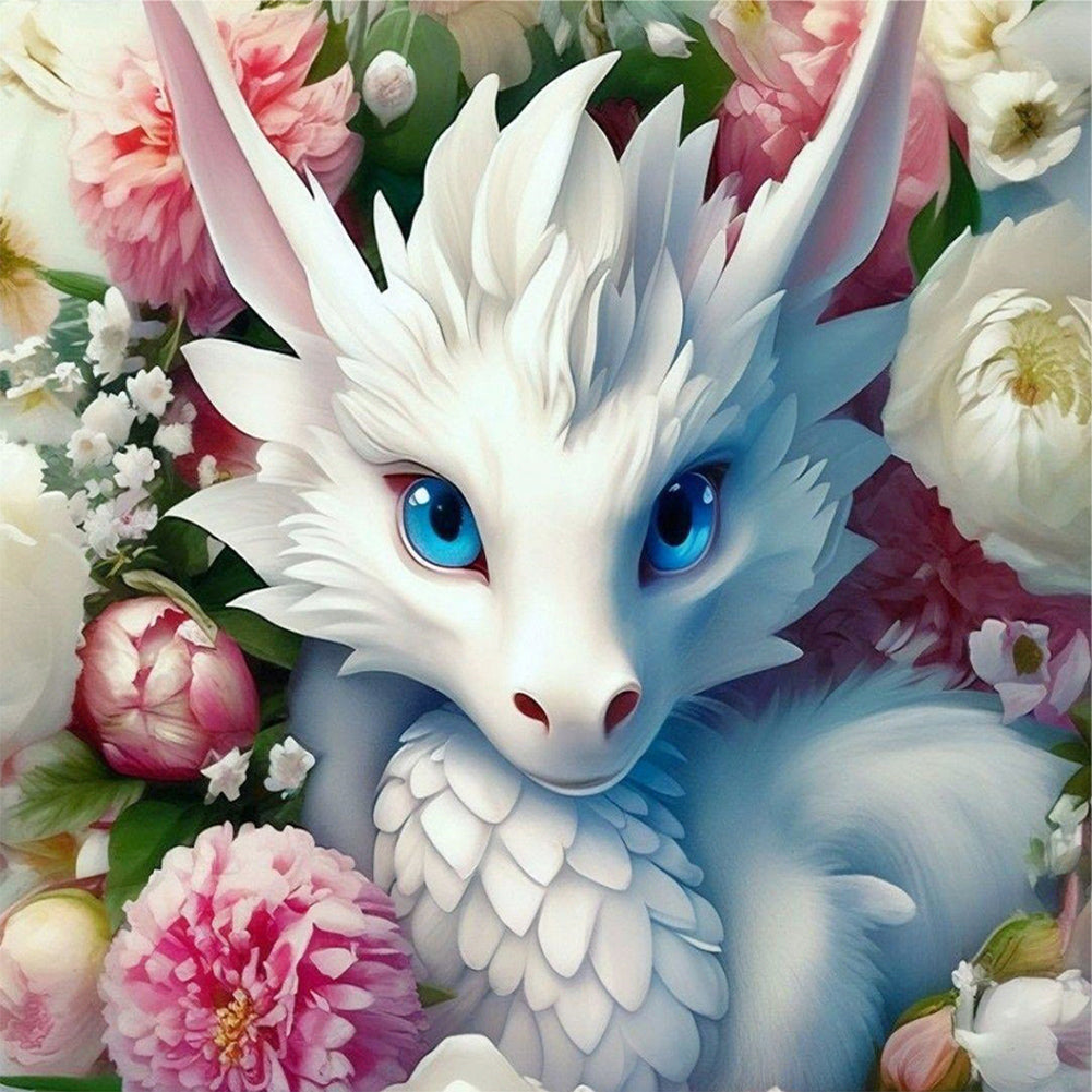 Diamond Painting - Full Round - white dragon and flower (30*30CM)