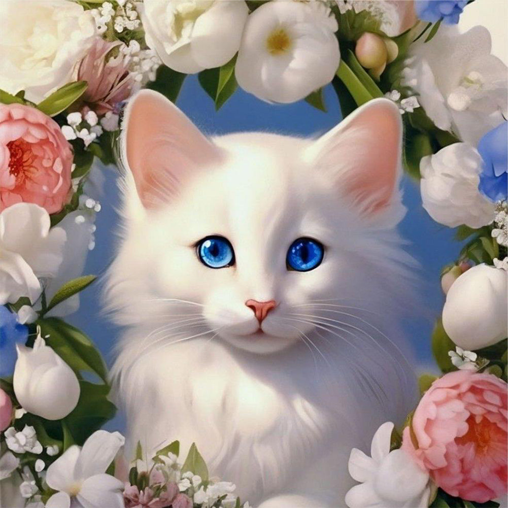 Diamond Painting - Full Round - White cat and flowers (30*30CM)