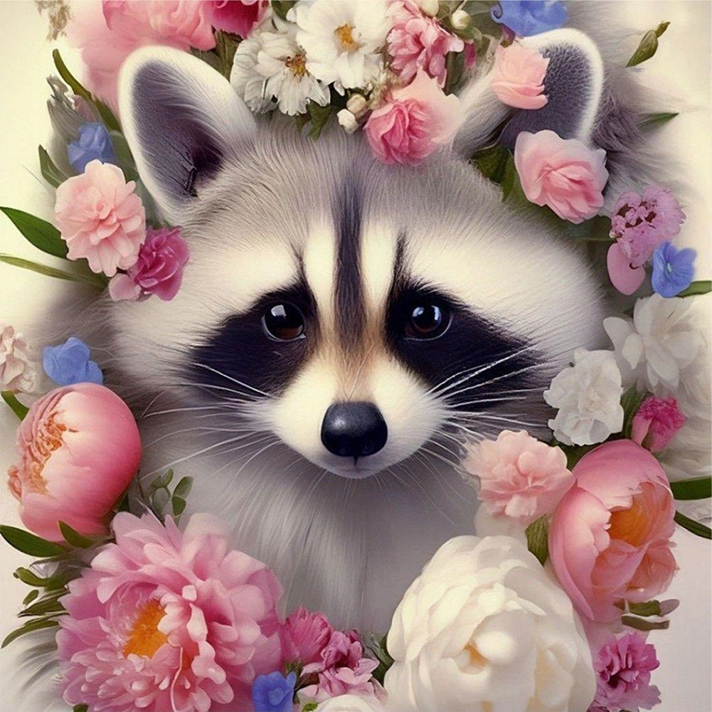 Diamond Painting - Full Round - raccoon and flower (30*30CM)