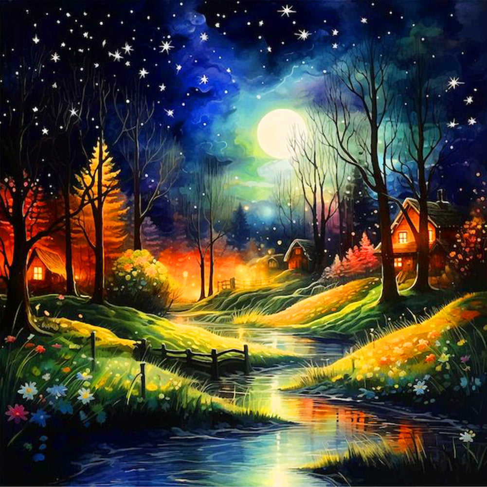 Diamond Painting - Full Round - Night view of village creek (40*40CM)