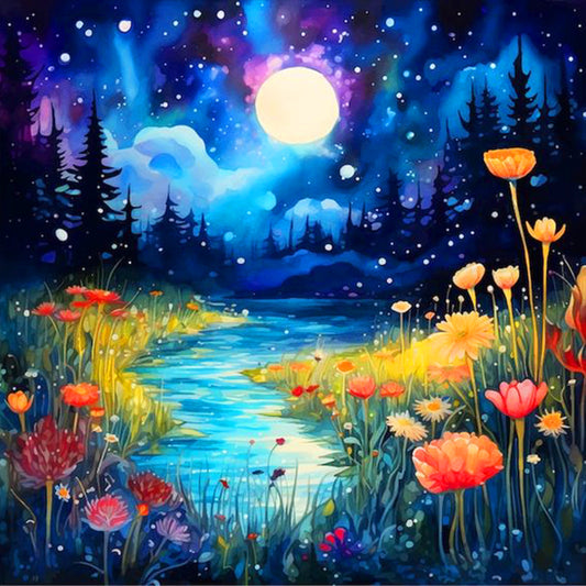 Diamond Painting - Full Round - Night view of forest creek (40*40CM)