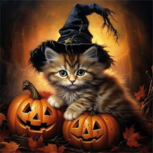 Load image into Gallery viewer, Diamond Painting - Full Round - Halloween kitten with pumpkin (30*30CM)
