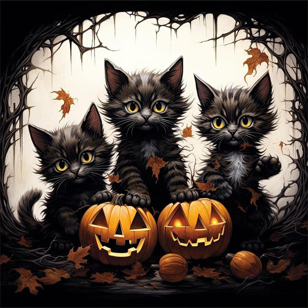 Diamond Painting - Full Round - Halloween kitten with pumpkin (30*30CM)