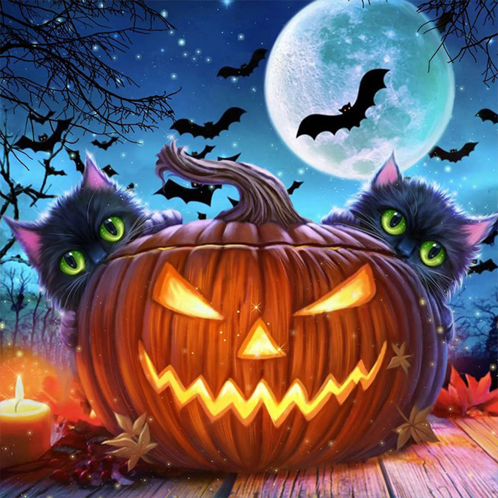 Diamond Painting - Full Round - Halloween kitten with pumpkin (30*30CM)
