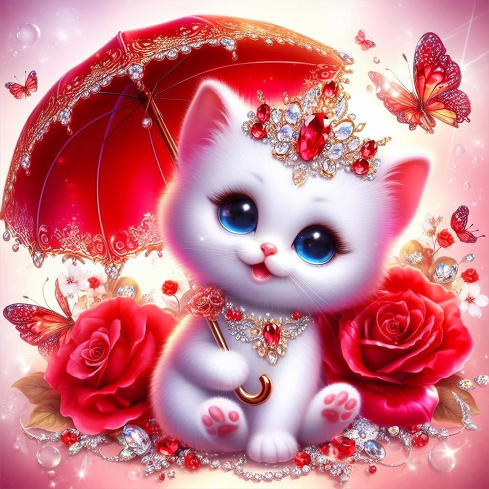Diamond Painting - Full Round - Cat under red umbrella (30*30CM)