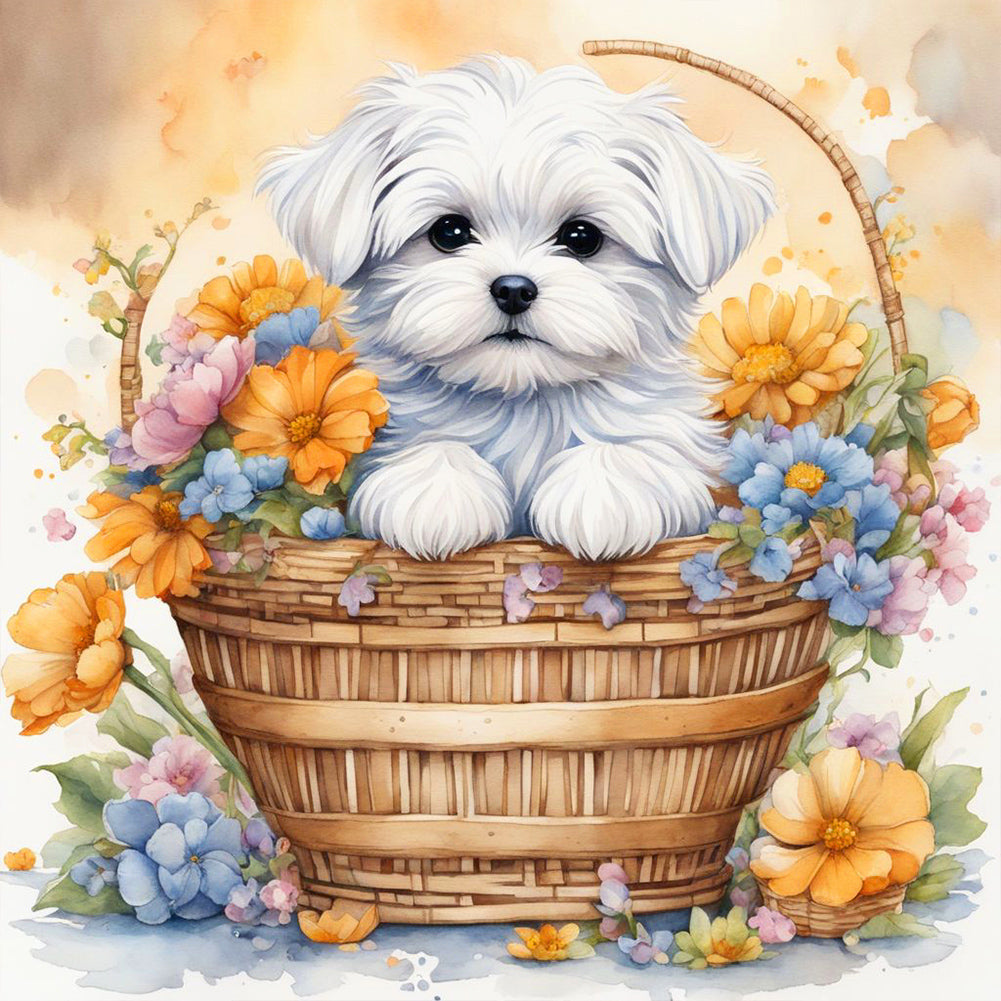 Diamond Painting - Full Round - dog in basket (30*30CM)