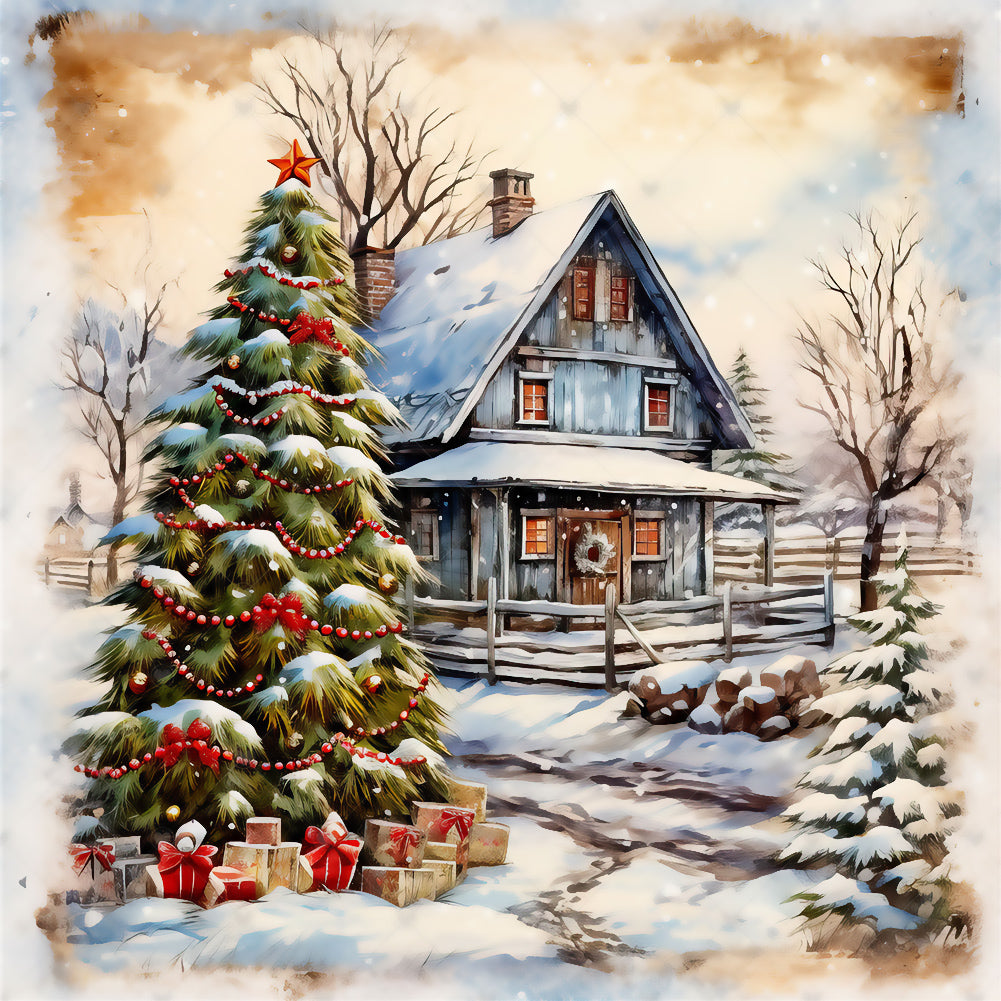 Diamond Painting - Full Round - Christmas tree in front of house (30*30CM)