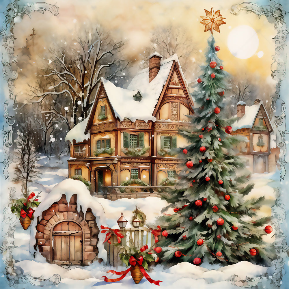 Diamond Painting - Full Round - Christmas tree in front of house (30*30CM)
