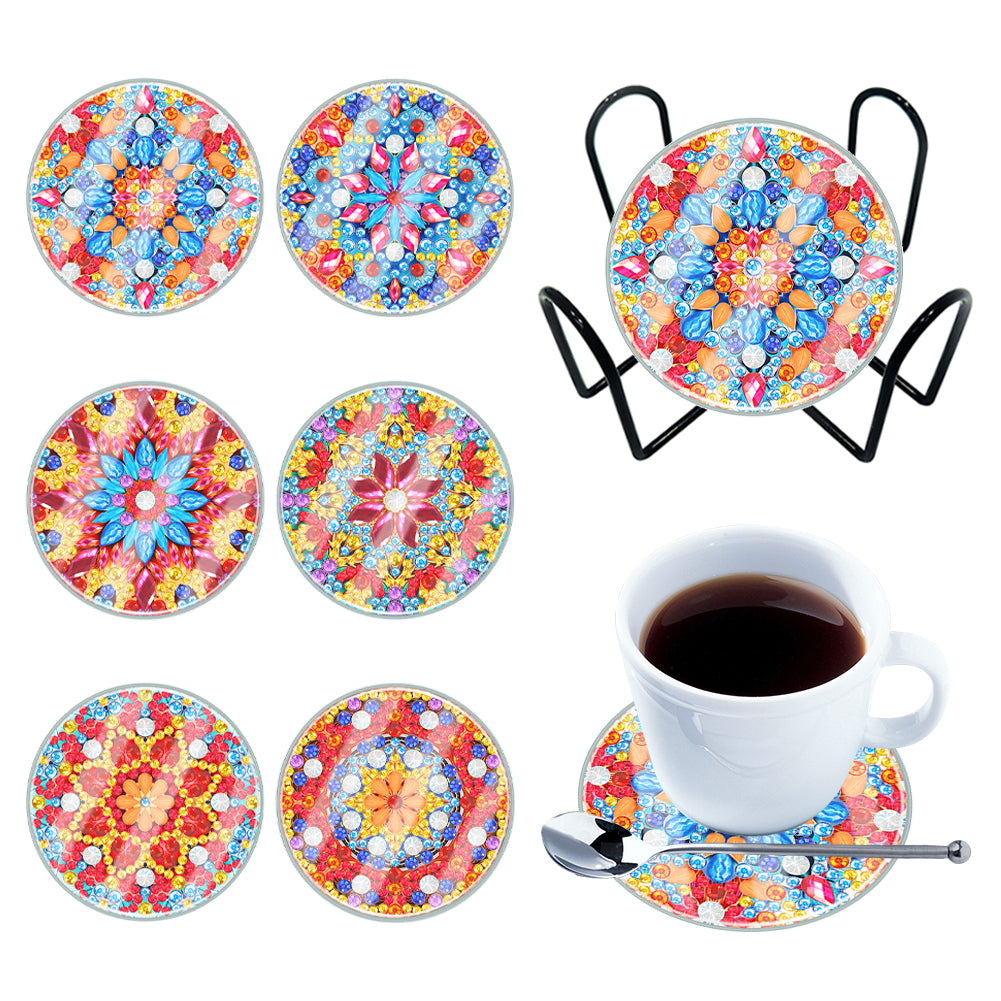 6PCS Acrylic Washable Diamond Painting Crafts Coaster with Holder Waterproof Coaster (Mandala #1)