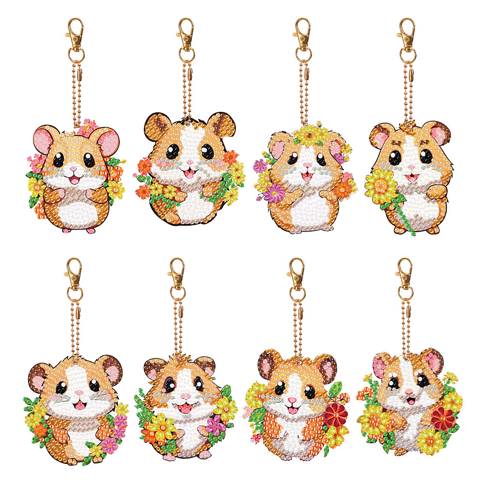 8PCS Double Sided Round Diamond Painting Art Keychain Pendant for Adult(Hamster)