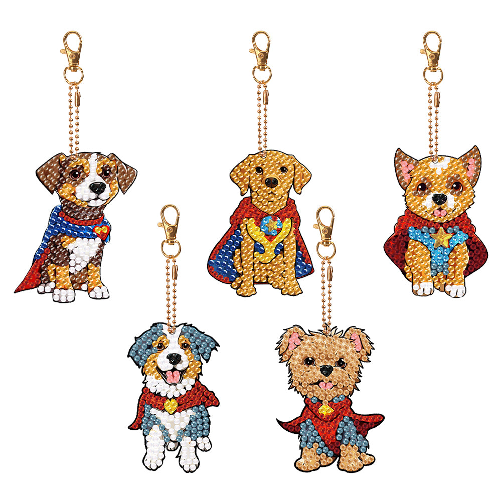 5PCS Double Sided Round Diamond Painting Art Keychain Pendant (Puppy Hero)