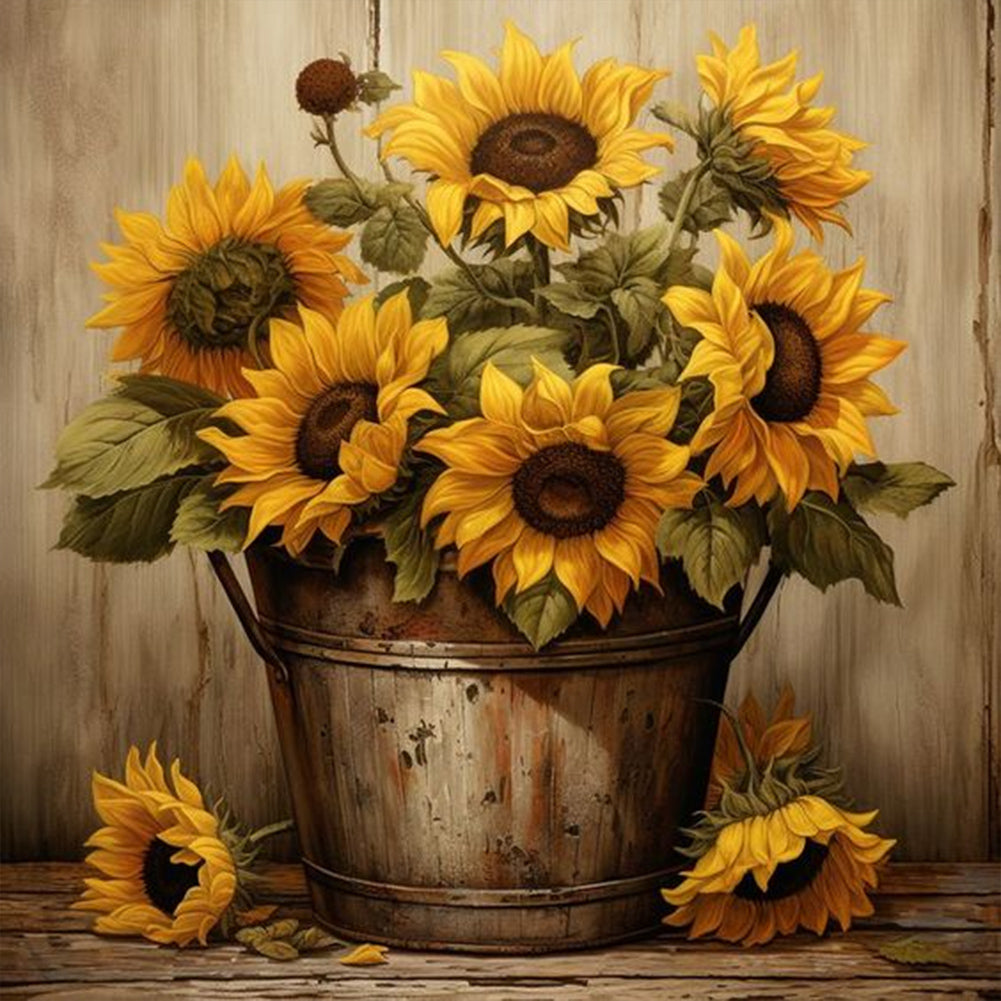 Diamond Painting - Full Round - Iron bucket sunflower (30*30CM)