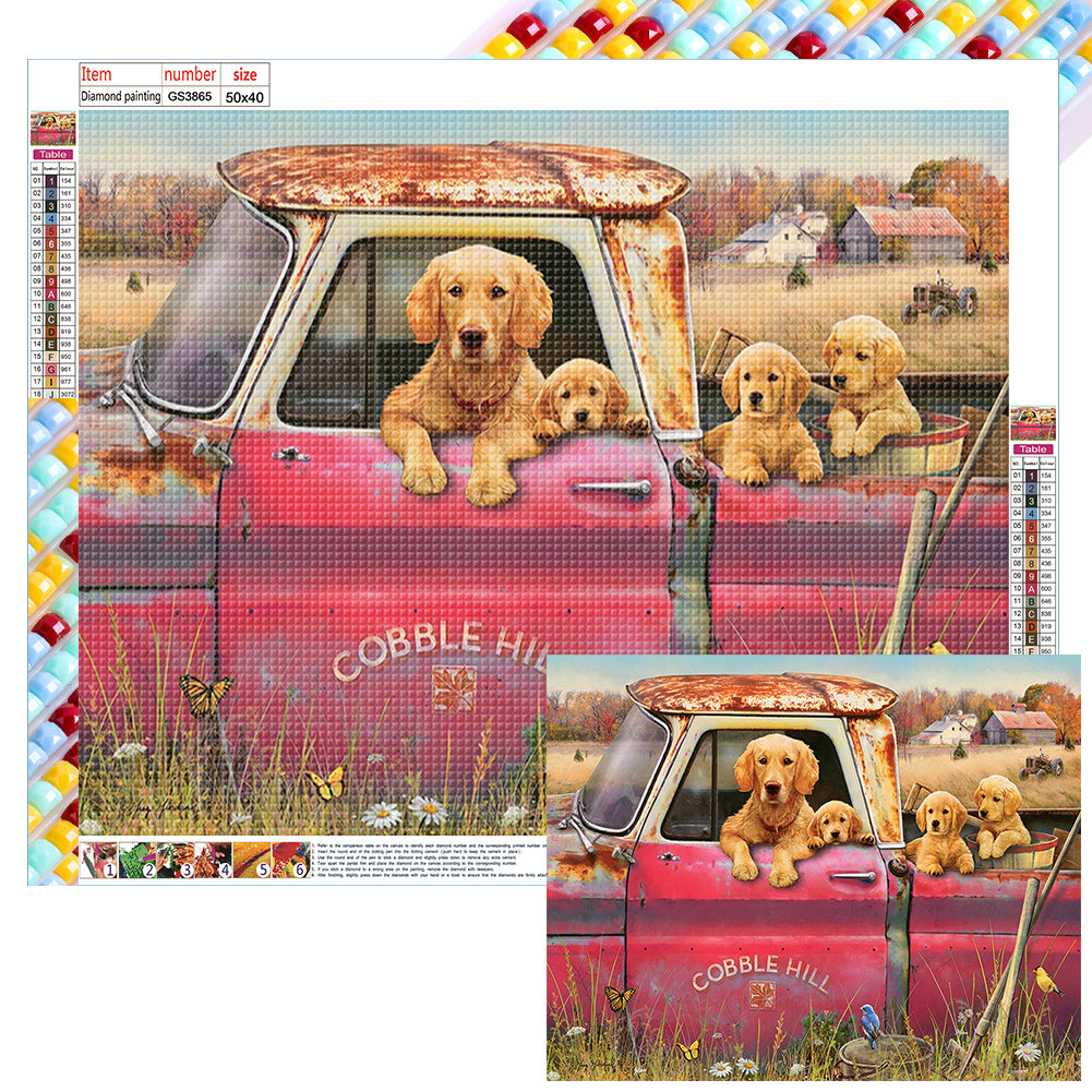 Diamond Painting - Full Square - puppy in car (50*40CM)