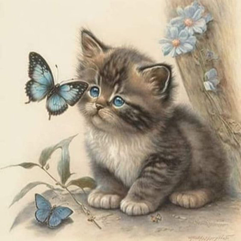 Diamond Painting - Full Round - Kitten and butterfly (30*30CM)
