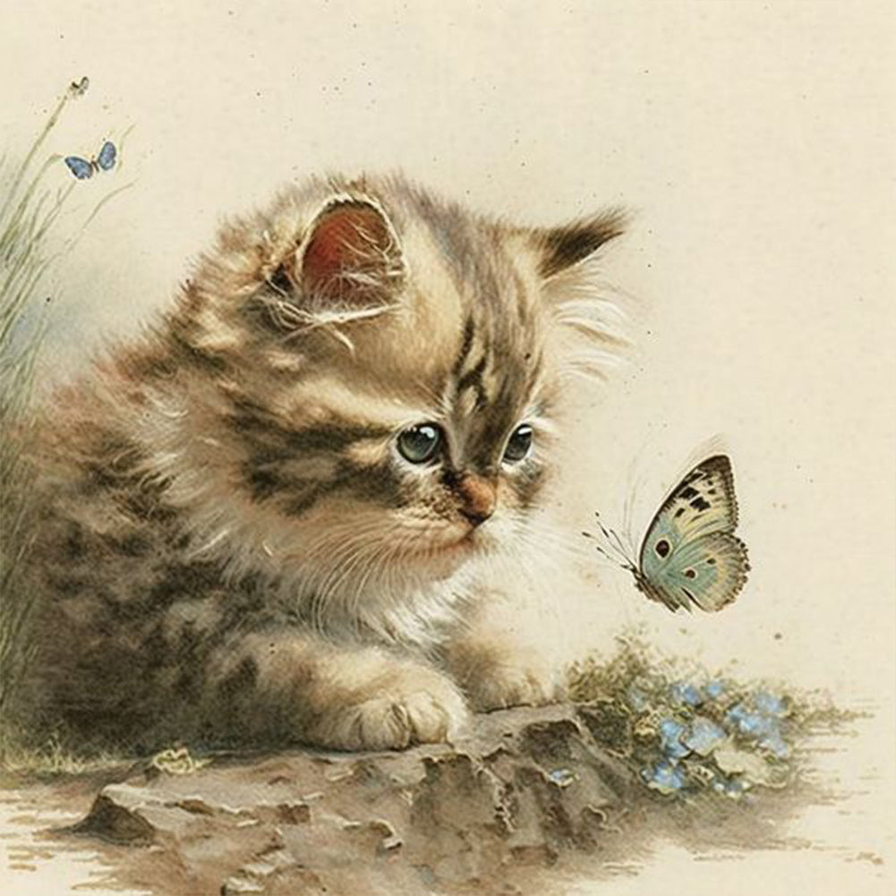 Diamond Painting - Full Round - Kitten and butterfly (30*30CM)