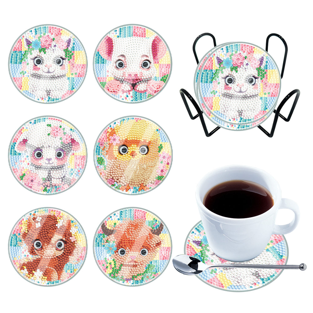 6 PCS Acrylic Washable Diamond Painting Coasters Kits with Holder Waterproof Coaster (Cute Animal)