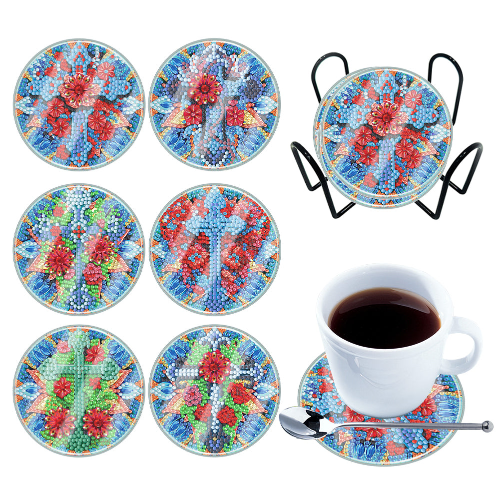 6 PCS Acrylic Washable Diamond Painting Art Coasters Kits with Holder Waterproof Coaster (Cross)