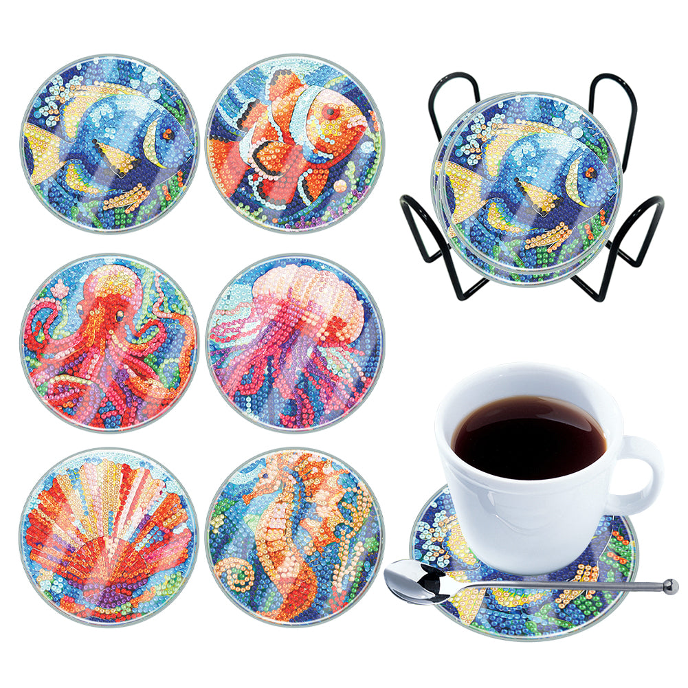 6 PCS Acrylic Washable Diamond Painting Coasters Kits with Holder Waterproof Coaster (Sea Animal)