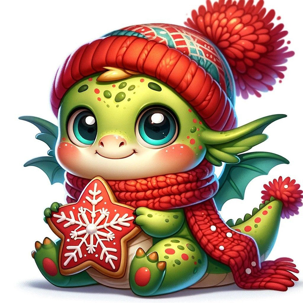 Diamond Painting - Full Round - Dragon holding cookies in winter (30*30CM)