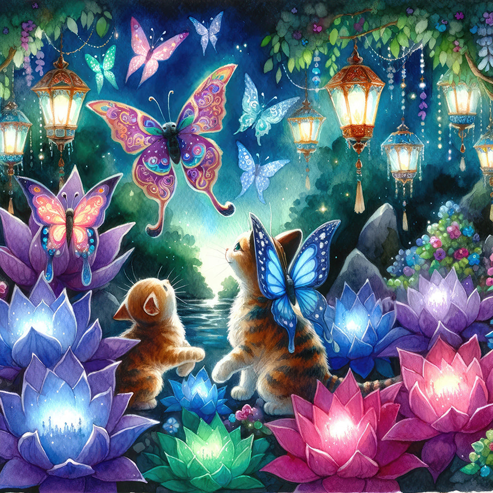 Diamond Painting - Full Round - Kitten and butterfly in the mysterious forest (30*30CM)