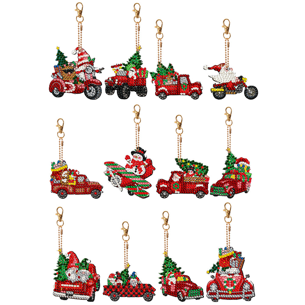12PCS Double Sided Diamond Painting Art Keychain Pendant for Beginner(Red Truck)